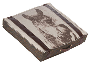 L1013-HOR 18x18x3" This Wild Horse Print Seat Cushion w a Woven Fabric & Authentic Leather Detail, adds to this unique vintage style, part of Unbridled Passion Collection