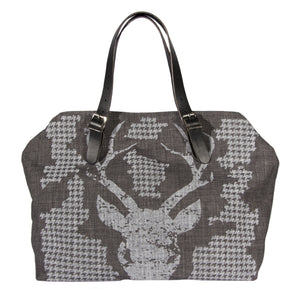 L1015-BUCK Market Tote 22"x14"x5.5" with expandable Bridle Leather straps, Designed and Printed on a Textured Fabric with a Buck and Houndstooth on one side, part of the Lady Rosedale Chalkboard Collection