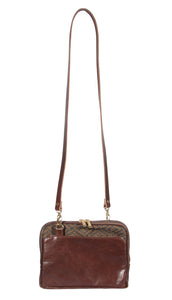 L1029-3038 Small Crossbody Tote Rioja Stone, Structured Leather Base and Adjustable Bridle Leather Shoulder Strap Part of the Unbridled Passion, Cosmetic and Travel Collection 9"x8"x1.5"