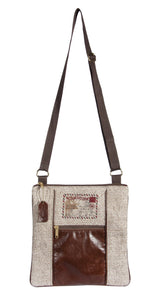 This L1030-POST Medium Crossbody 11"x11.5"x1" w Authentic Leather, The Postcard Image Embroidered on the Textured Fabric, part of the Lady Rosedale Vintage Canadiana Collection