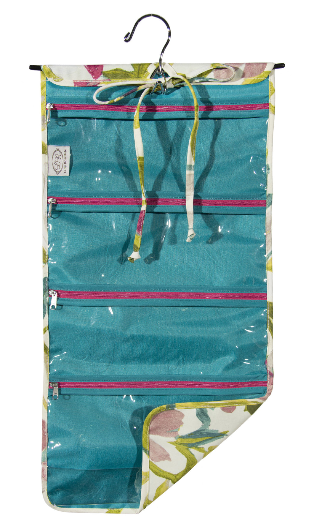 L153-3127 Hanging Cosmetic White Tea, Comes with Metal Hanger, multiple Zippered Pockets, bottom expandable Pocket, Rolls and ties for easy travelling and to keep everything contained. Part of the Cosmetic and Travel Collection 12