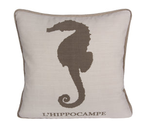 L642-HORS 18"x18"Sea Horse Pillow Eco Printed Flat Piped with a Linen Trim, Feather Insert part of the Lake House Collection, Zipper Closure for easy removal of Insert for Laundering