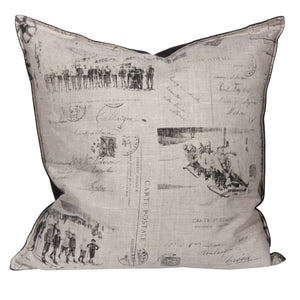 L643-1803 Country Style City Chic Pillow 20"x20" Feather Filled with Zipper Flanged with Scenes D'antan Vintage Skiers on a beautiful Nuetral Linen Proudly Manufactured in Canada