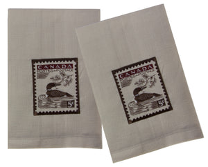 L771-LOON 16"x24" Vintage Loon Stamp Guest towels Set or 2 embroidered, designed by Elizabeth Law, part of The Vintage Canadiana Collection