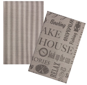 L771-MEM 16x24" each Set of 2 Guest Towels with printed Memories on one and Ticking Stripe on the other on a Linen Blend The Lake House Collection