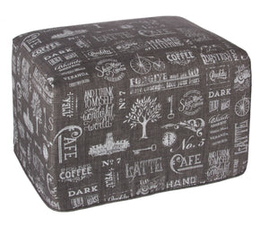 L900-CHALK 16"x25"x18" Chalkboard Ottoman Rigid Foam and Fibre Eco Printed and designed in Canada, Chalk Style with on trend Images and Fonts printed on Grey Fabric part of The Chalkboard Collection