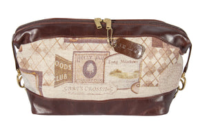 L935-GOLF Large Travel Kit Vintage Golf Images Eco printed on a Linen Poly Blend, Authentic Brown Leather Base,Trim and Handle, double Zipper. Part of The On the Tee Vintage Golf Collection and Cosmetic and Travel Collection 12"x7"x6".