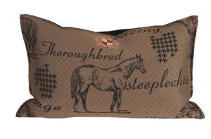 L954-3040 16"x26" Thoroughbred Pillow in a Woven Fabric w Horse and Crest Images, reverse to solid, Feather Insert, zips off for laundering, part of The Unbridled Passion Collection