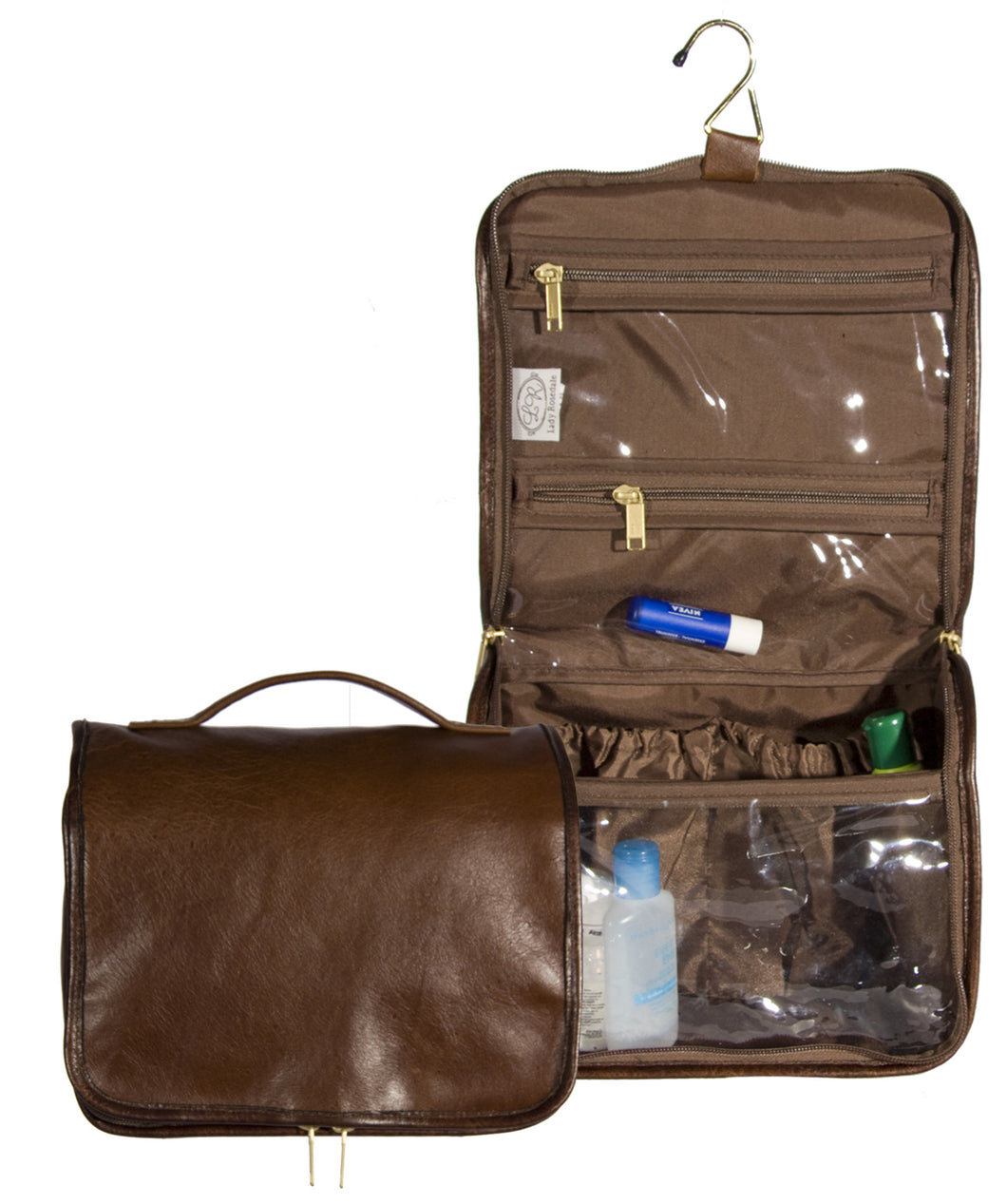 L955-12 Ultimate Hangup Authentic Brown Leather, Comes with Hanger and double Zipper for easy travelling and to keep everything contained. Part of the Cosmetic and Travel Collection 10.5