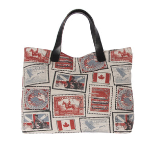 L994-STMP Traveller Tote 18"x14"x5.5" with Bridle Leather straps,  Designed and Printed on a Textured Fabric with Vintage Canadian Stamps, part of the Lady Rosedale Vintage Canadiana Collection